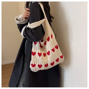 Модни възли чанти голям капацитет, с сърца, ежедневни тканая чанта през рамо с дръжка, чанта-тоут за жени и момичета