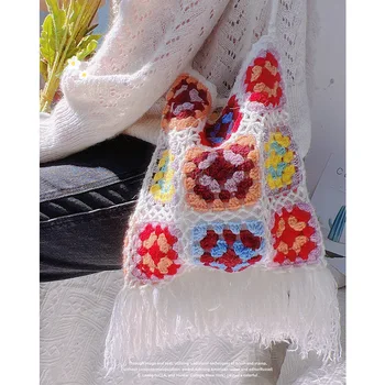 Дамска чанта ръчна изработка от цветя модел, чанти, свързани с кука от въжета, тъкани торби-тоут с пискюли за жени 2022, кухи портфейли