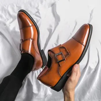 Маркови дизайнерски мъжки модел обувки с класическа кожена катарама и каишка Монк Тъмно кафяв, черен цвят, Офис бизнес Официалните обувки за мъже B326