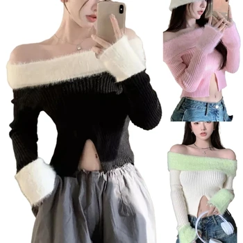 Стилни дамски блузи с намаляване на дъното и отворени рамене, корейски моден трикотаж за любителите на модата N7YD