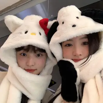 Kawaii Sanrios Hello Kitty Pochacco Есенно-зимен шал с качулка, дебели топли мультяшные Плюшени ръкавици, шапка, лигавник, костюм от три части за момичета