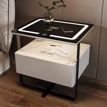 Елегантна дървена нощно шкафче, шкафчета за спалня в модерен стил с безжичен зареждане, Bluetooth-високоговорител, шкаф за домашно съхранение