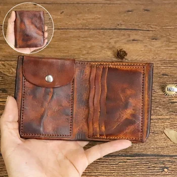 Минималистичен Стар Мъжки портфейл от телешка кожа растително дъбени, ретро Студентски младежки портфейл, кратък чантата с няколко карти