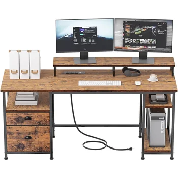 61-инчов компютърен маса с розетка за захранване и USB портове, Рафтове и чекмедже, Филтър Картотекой и дълга стойка за монитор